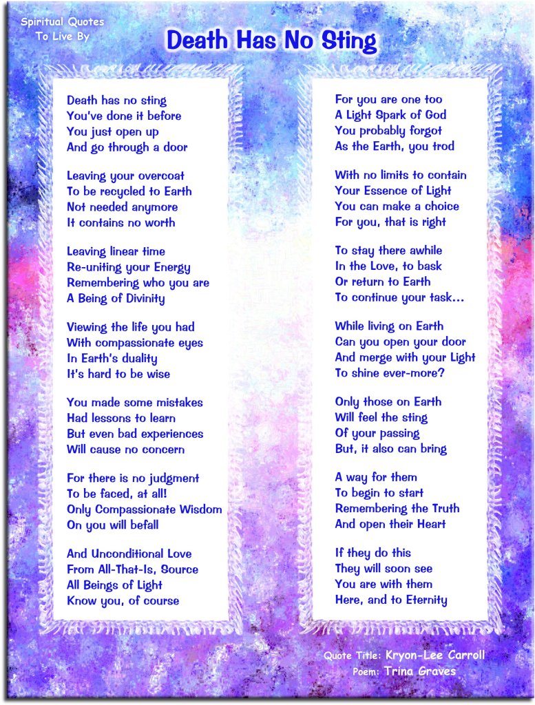 Death Has No Sting - Inspirational sympathy poem by Trina Graves - Spiritual Quotes To Live By